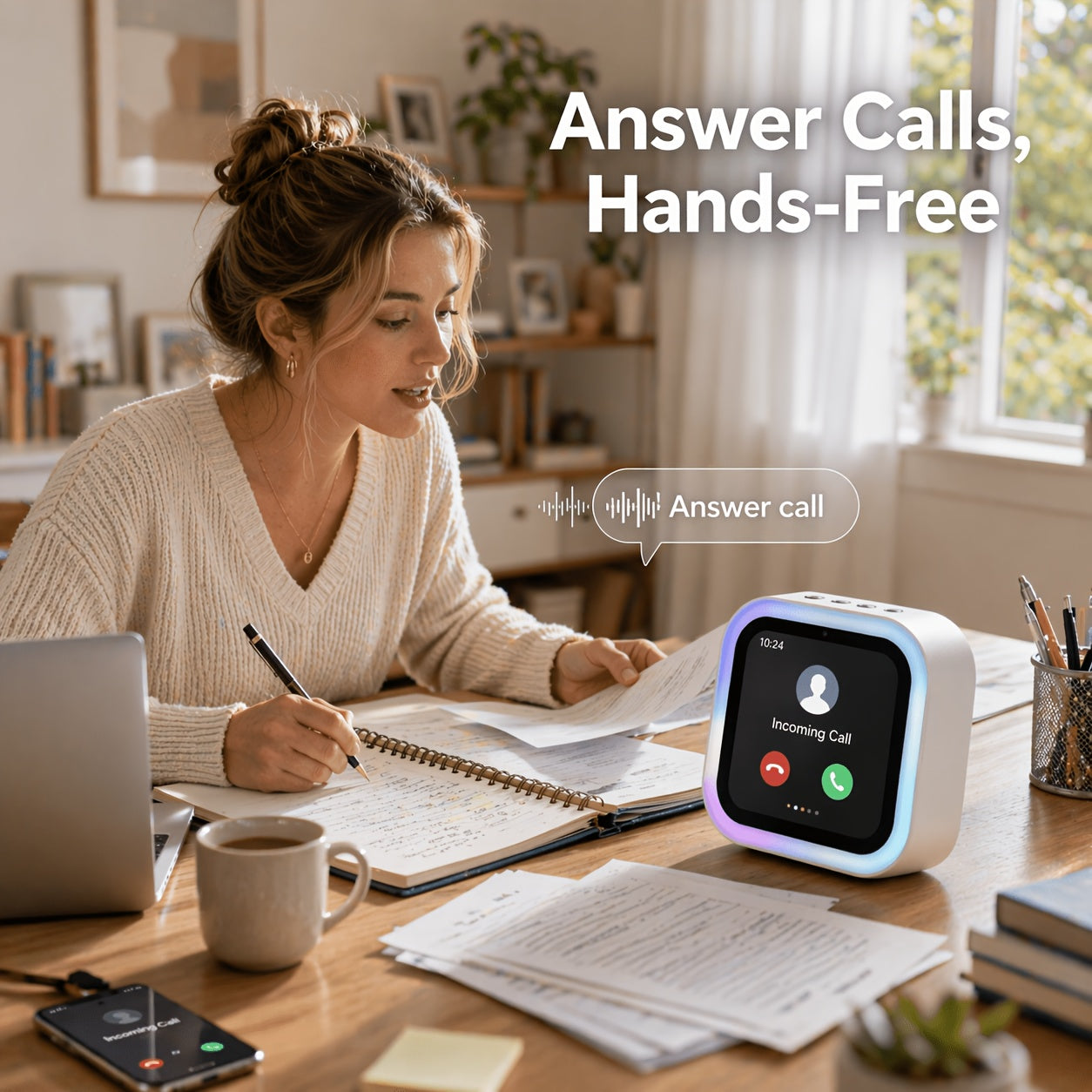 Smart Desk Speaker with Hands-Free Call Answering, Voice Assistant, Smart Display Alarm Clock, Photo Display, Home Office Desktop Speaker for Work And Daily Use