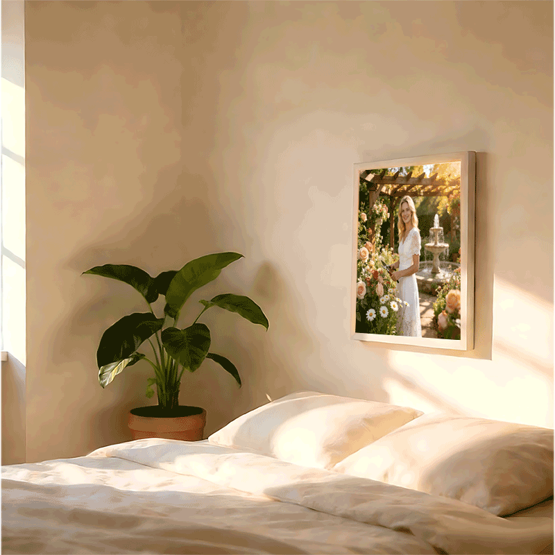 LED Photo Frame & Magic Mirror with Function Display - Wall/Tablet-Compatible Suitable for, Frame with Polished, Light Beige Mirror Panel for Rooms,, Weddings, Minimalist American Lifestyle