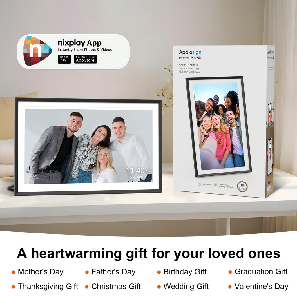 Apolosign Smart Wifi Digital Photo Frame - 10.1/15.6" 1080P HD IPS Display, 32GB Memory, Instant Photo & Video Sharing Via App/Email, Premium Texture & Elegant Gift Box - Meaningful Anniversary Gift for Parents, Wall & Tabletop Frames