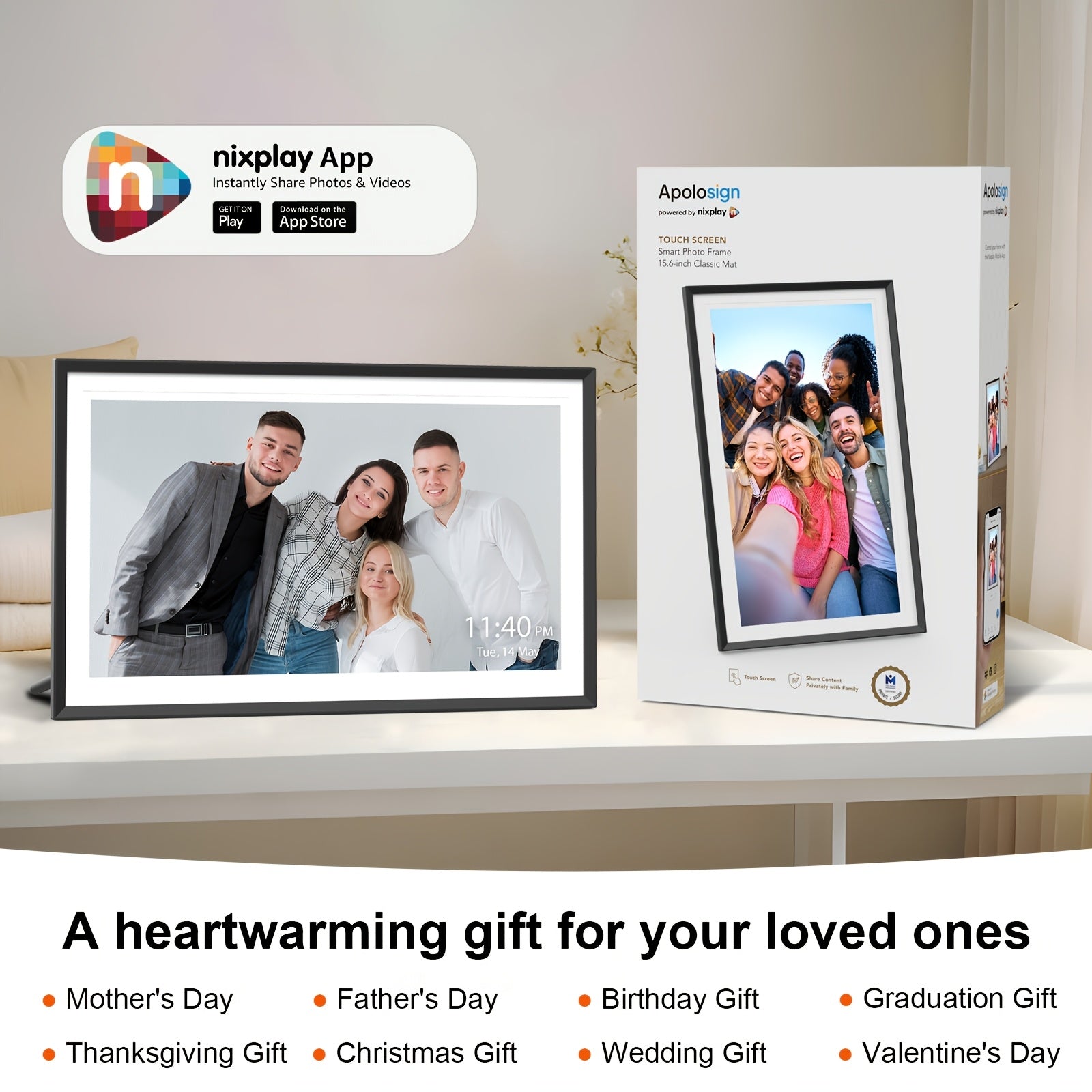 Apolosign Smart Wifi Digital Photo Frame - 10.1/15.6" 1080P HD IPS Display, 32GB Memory, Instant Photo & Video Sharing Via App/Email, Premium Texture & Elegant Gift Box - Meaningful Anniversary Gift for Parents, Wall & Tabletop Frames
