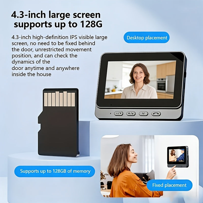 Intelligent Doorbell Camera Featuring A 4.3-Inch Display, 1080P FHD Monitor, 120° Field Of View, Suitable For Home Security, Equipped With Night Vision, Two-Way Audio, No Wifi Required, Wall-Mounted, Touch Control, No App Needed, Visual Doorbell