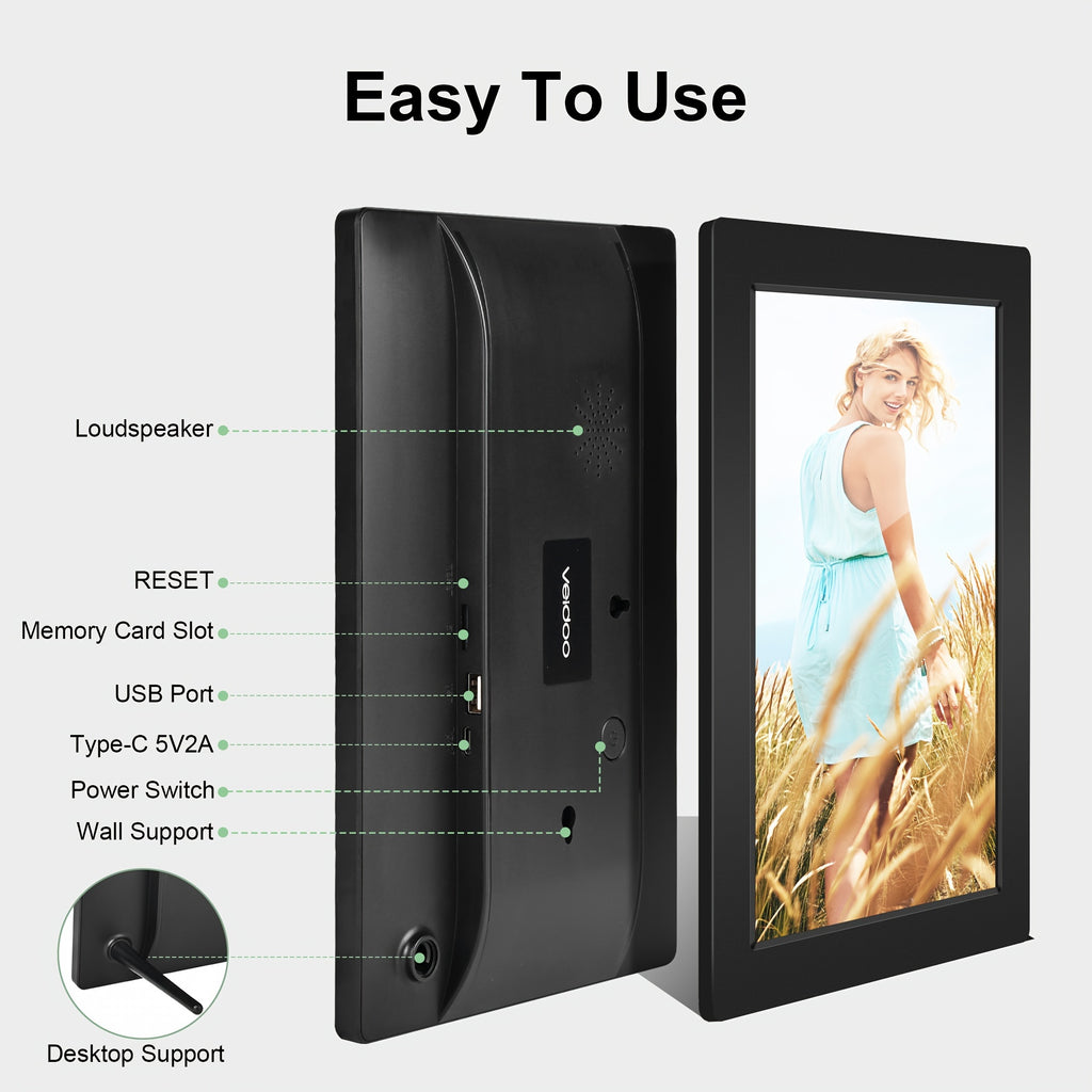 Veidoo 10.1-Inch Wifi Digital Photo Frame with IPS Touchscreen, Featuring 32GB of Built-In Memory. The Digital Frame Rotates Automatically And Allows for The Upload of Portraits And Landscapes