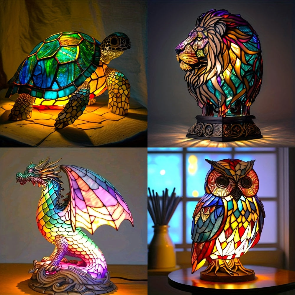 3D Resin Animal Table Lamp - Turtle Owl Dragon Lion Desk Light with Switch Control, Battery Powered Downlight for Various Room Types, Whimsical Decorative Night Light with No Plug, Soft Warm Lighting Vintage Desk Lamp